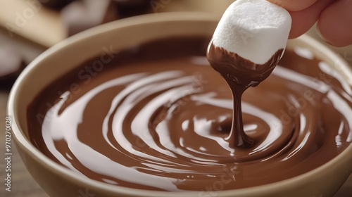 A close-up of a hand dipping a piece of marshmallow into a bowl of melted milk chocolate