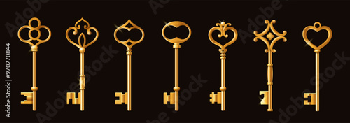 Set of realistic vintage keys. Old antique gold keys for locks of different shapes. Equipment for opening locks. Retro design elements. 3D vector illustration collection