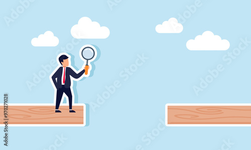 A businessman analyzing an incomplete wooden bridge using a magnifying glass, illustration of Analyzing poor collaboration communication between company partners