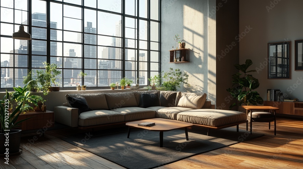 Modern living room with large windows, stylish furniture, and indoor plants creating a bright and inviting atmosphere. Modern living room with large windows, stylish furniture, and indoor plants creating a bright and inviting atmosphere.