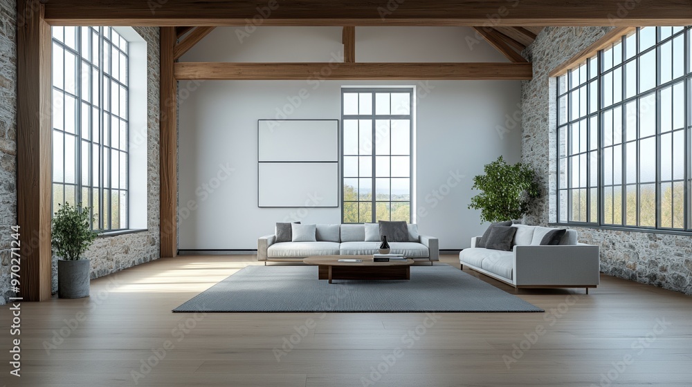 Modern living room with large windows, a cozy sofa, wooden beams, and a touch of greenery, creating a bright and inviting space. Modern living room with large windows, a cozy sofa, wooden beams, and a touch of greenery, creating a bright and inviting space.