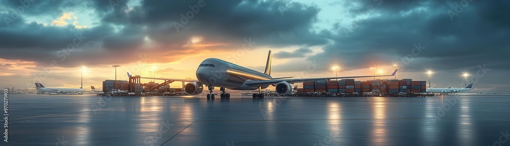 A team of global logistics executives meeting at a cargo airport, with planes loading cargo in the background, high-detail textures and lighting A team of global logistics executives meeting at a cargo airport, with planes loading cargo in the background, high-detail textures and lighting