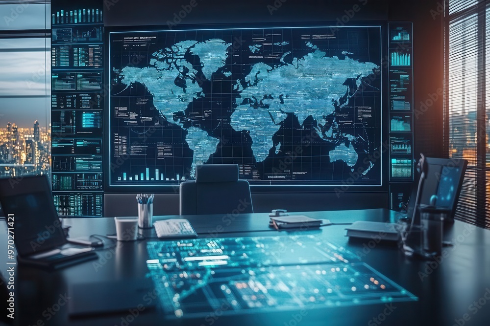 Global logistics partners planning routes in a high-tech office, large world map on the wall, surrounded by shipping data and tools, ultra-detailed Global logistics partners planning routes in a high-tech office, large world map on the wall, surrounded by shipping data and tools, ultra-detailed