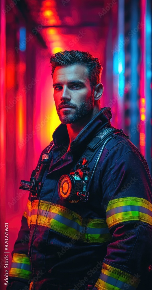 Obraz premium A firefighter in full gear stands in a dimly lit room, illuminated by red and blue lights, with a determined expression on his face.
