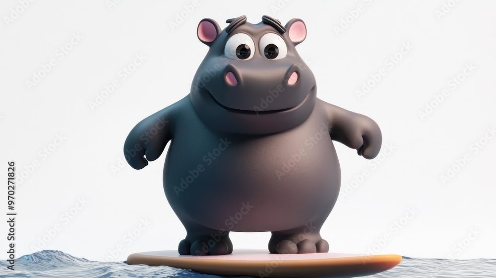 A cartoon hippo standing on a surfboard, smiling in a playful ocean setting. A cartoon hippo standing on a surfboard, smiling in a playful ocean setting.
