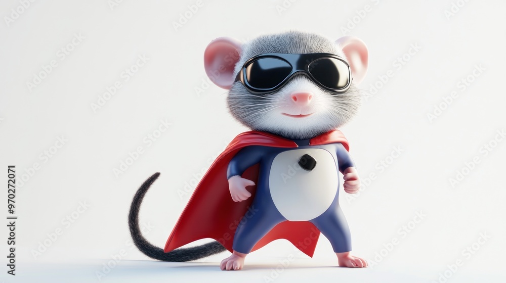 A cartoon mouse dressed as a superhero, wearing sunglasses and a cape, striking a confident pose. A cartoon mouse dressed as a superhero, wearing sunglasses and a cape, striking a confident pose.