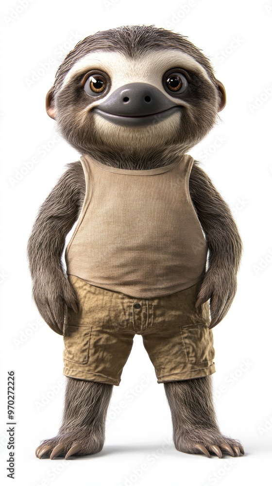A cartoon sloth character wearing a tank top and shorts, smiling at the viewer. A cartoon sloth character wearing a tank top and shorts, smiling at the viewer.