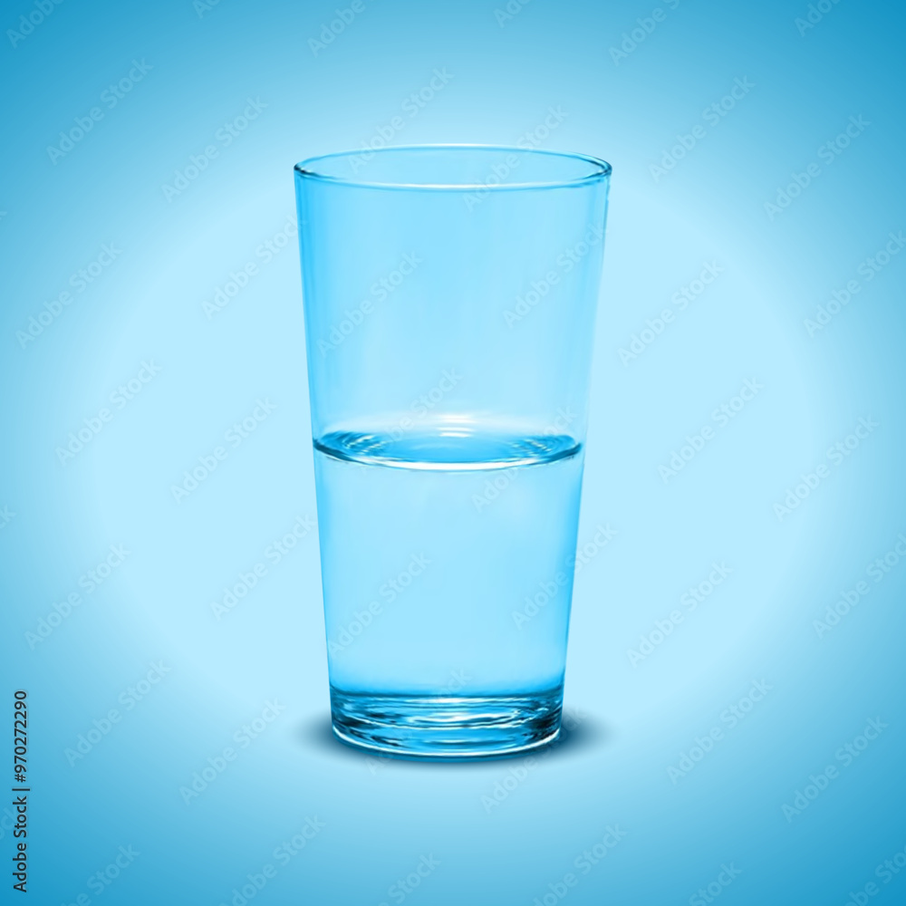 Blue glass of water on blue gradient background. Realistic glass of water Blue glass of water on blue gradient background. Realistic glass of water
