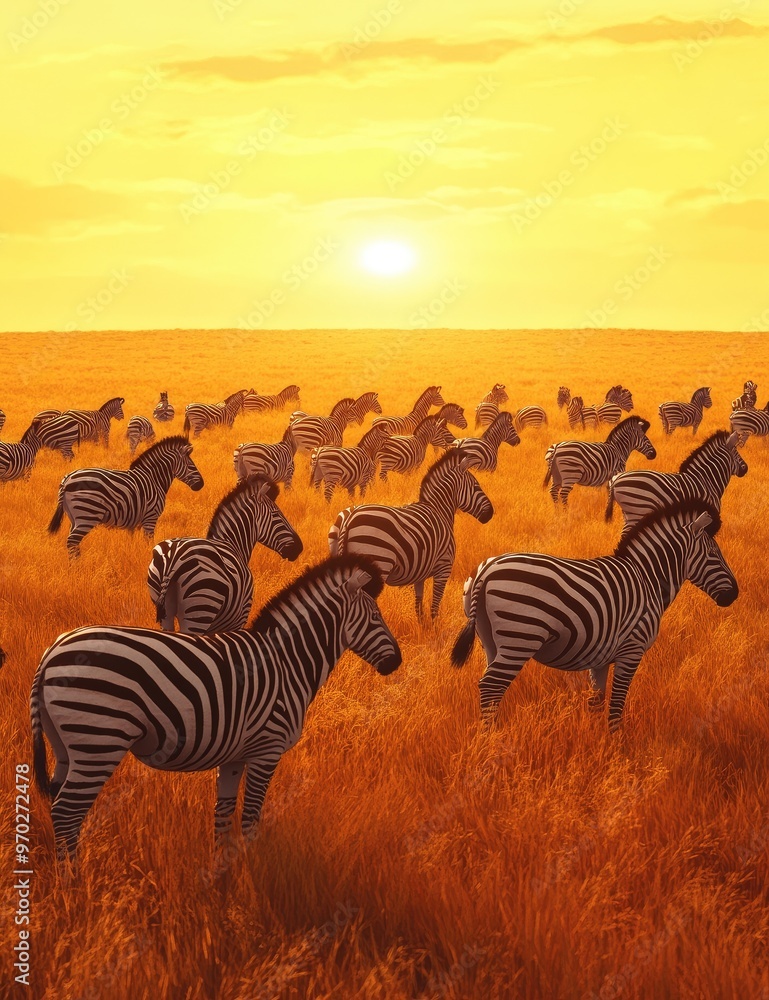 Fototapeta premium A large herd of zebras graze in a golden field at sunset, with the sun setting in the background.