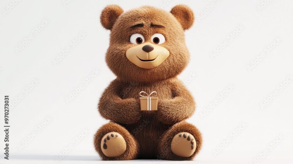 Obraz premium A cheerful cartoon bear holding a small gift, exuding warmth and friendliness.