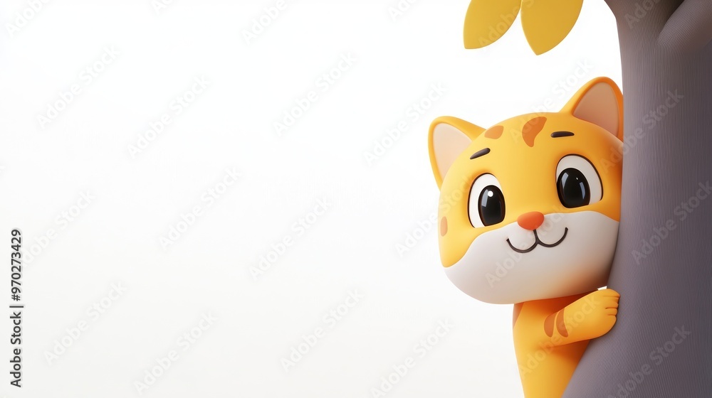 A cheerful cartoon cat peeking from behind a tree, creating a playful and friendly atmosphere. A cheerful cartoon cat peeking from behind a tree, creating a playful and friendly atmosphere.