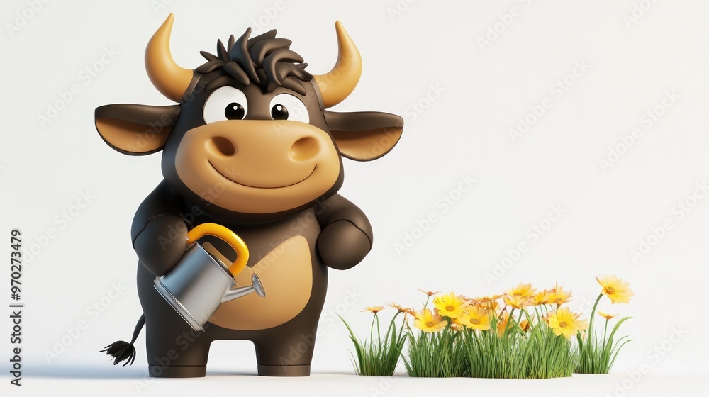 A cheerful cartoon cow holding a watering can beside blooming flowers. A cheerful cartoon cow holding a watering can beside blooming flowers.