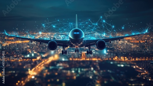 Airplane flying over a city at night with a network of lines connecting to it.