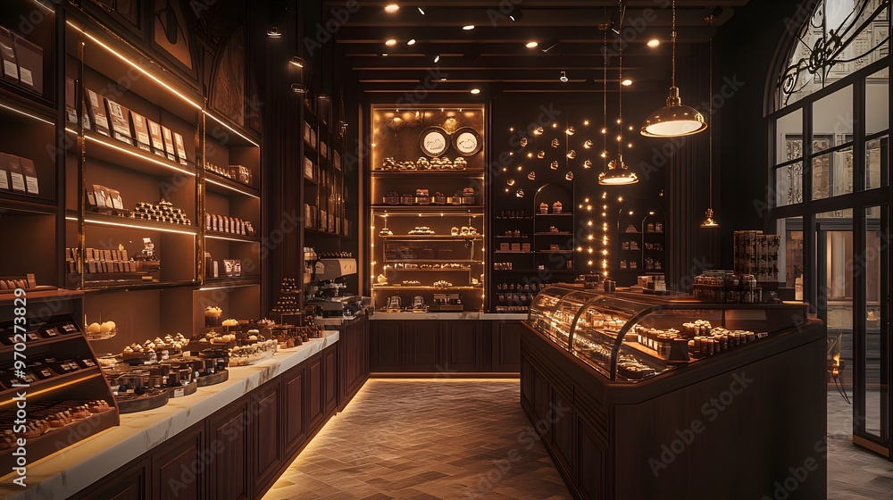 A chocolate shop interior with warm lighting, shelves lined with chocolate bars and truffles, and a chocolate-making station in the center A chocolate shop interior with warm lighting, shelves lined with chocolate bars and truffles, and a chocolate-making station in the center