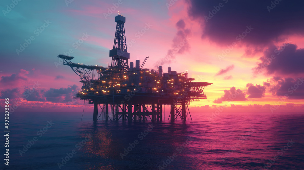 A large oil rig is floating in the ocean at sunset. The sky is a mix of pink and purple hues, creating a serene and peaceful atmosphere A large oil rig is floating in the ocean at sunset. The sky is a mix of pink and purple hues, creating a serene and peaceful atmosphere