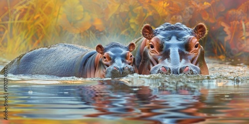 Dwarf hippo and its offspring swimming in the water body photo