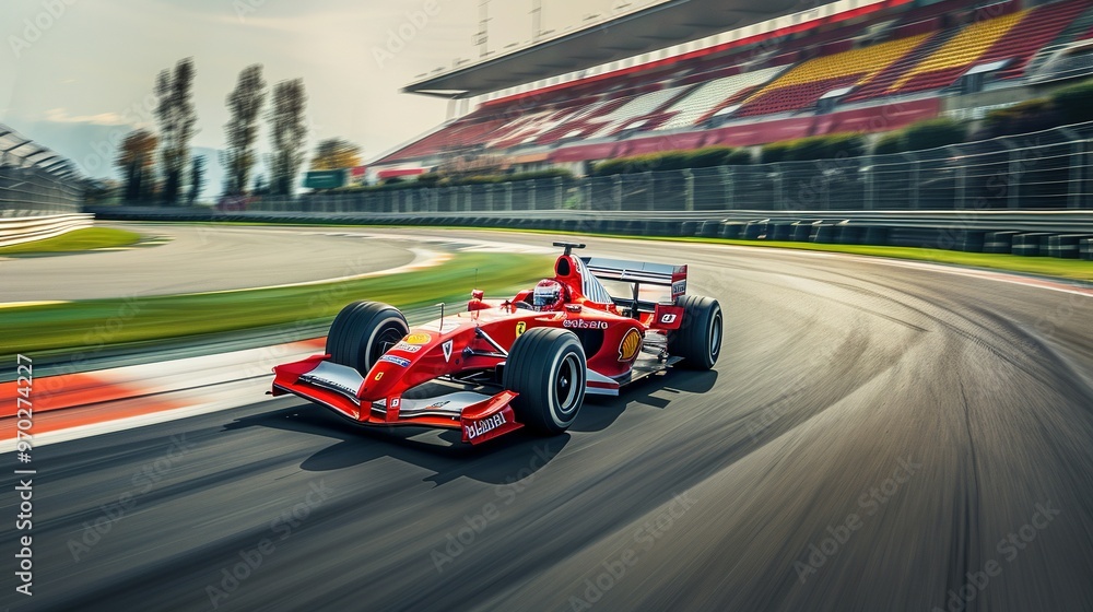 Fototapeta premium Racing a Red Formula One Car on a Winding Track: Dynamic Shot with Grandstands in the Background Blurring from Motion