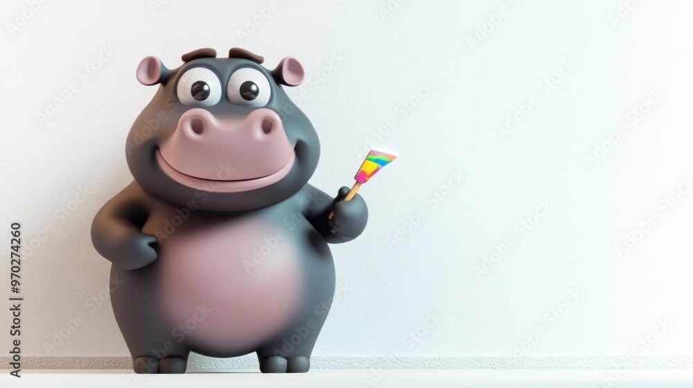 A cheerful cartoon hippo holding a colorful party horn in a playful setting. A cheerful cartoon hippo holding a colorful party horn in a playful setting.