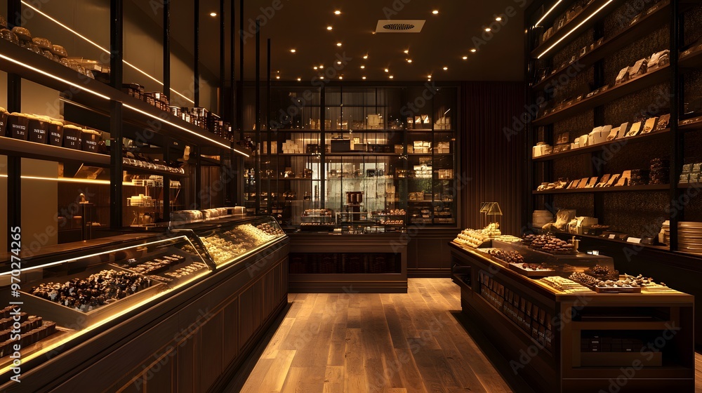A chocolate shop interior with warm lighting, shelves lined with chocolate bars and truffles, and a chocolate-making station in the center A chocolate shop interior with warm lighting, shelves lined with chocolate bars and truffles, and a chocolate-making station in the center