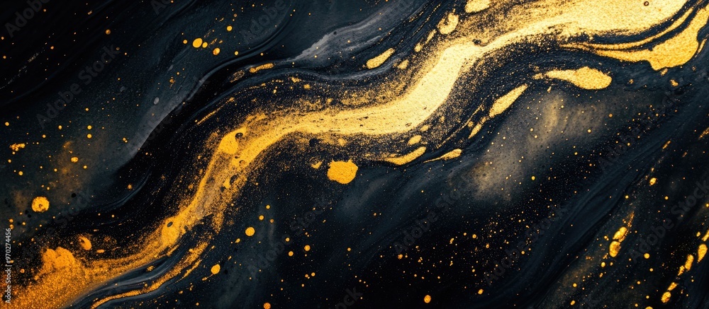 Fototapeta premium Abstract golden neon creative backdrop with paint stroke texture on dark surface Suitable for web and game design featuring grunge mud art and macro details of hand painted canvas Surrealistic eff