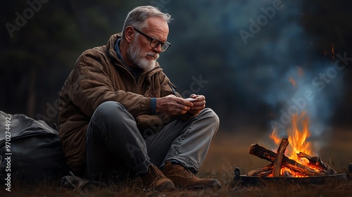 An elderly man enjoys a quiet moment by a campfire, immersed in nature, showcasing tranquility and outdoor living.