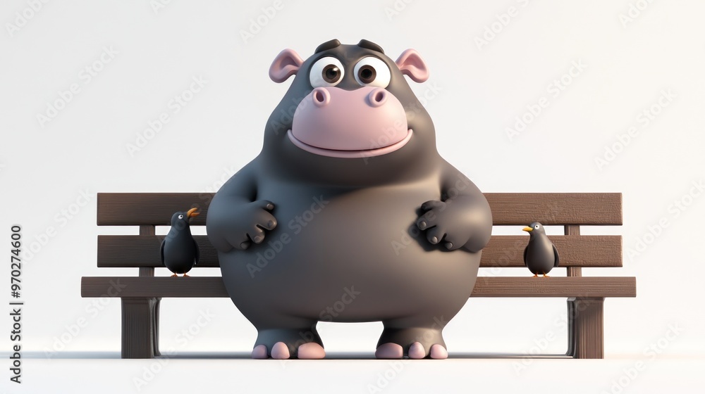 A cheerful cartoon hippo sitting on a bench with two small birds beside it. A cheerful cartoon hippo sitting on a bench with two small birds beside it.