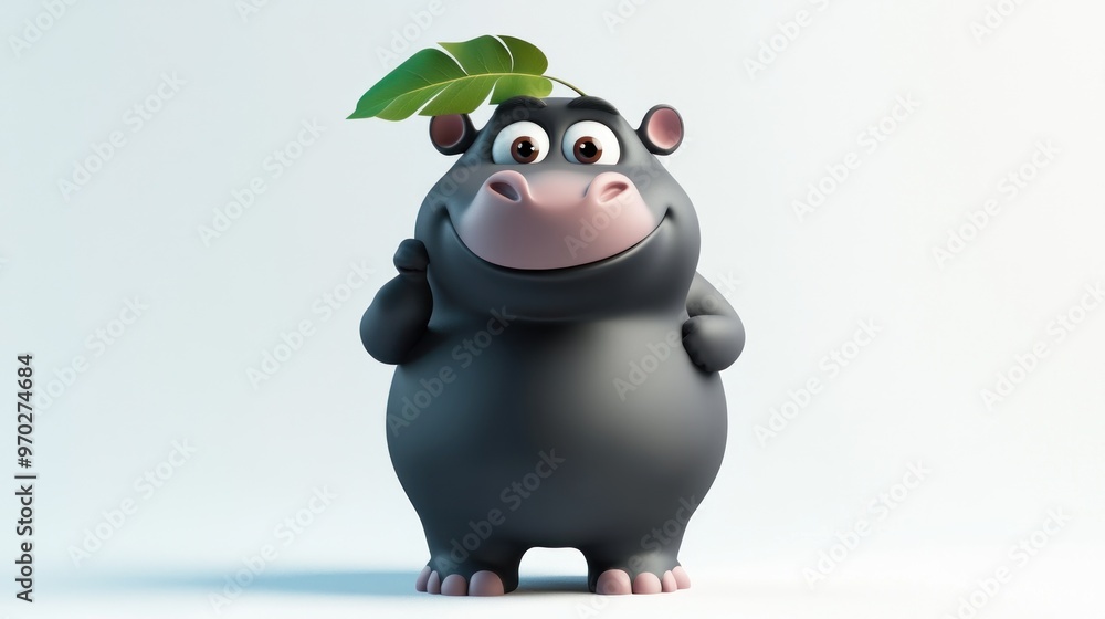 A cheerful cartoon hippo with a leaf on its head, exuding a playful and friendly vibe. A cheerful cartoon hippo with a leaf on its head, exuding a playful and friendly vibe.