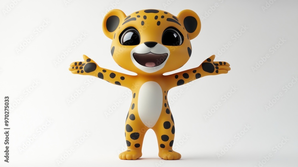 A cheerful cartoon leopard character with a bright smile and outstretched arms. A cheerful cartoon leopard character with a bright smile and outstretched arms.