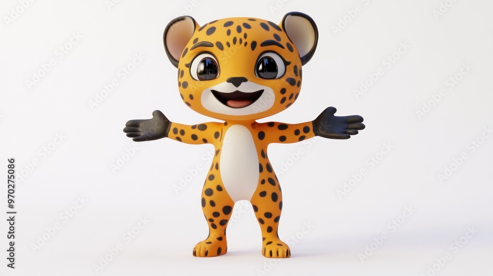 A cheerful cartoon leopard character with outstretched arms, designed for playful engagement. A cheerful cartoon leopard character with outstretched arms, designed for playful engagement.
