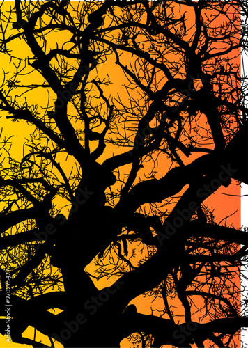 silueta arbol, arbusto, hojas, ramas, otoño, ilustracion, bosques, naturaleza, sequia, atmosfera
