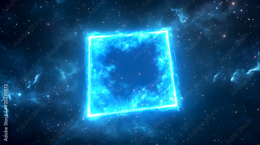 Obraz premium glowing square frame radiating vibrant blue light, hovering in space with stars twinkling behind, creating a portal-like effect