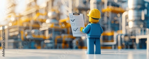 Inspector with checklist evaluating products, manufacturing plant backdrop, 3D illustration photo