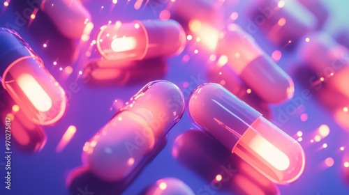 Glowing Multicolored Pharmaceutical Capsules and Pills on a Dark Background