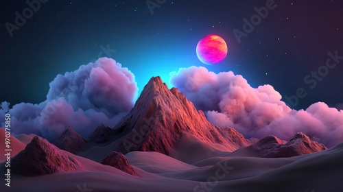 A stunning landscape featuring a majestic mountain under colorful clouds and a surreal planet in the night sky. photo