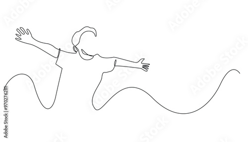 line art drawing of a child spreading his arms. one line drawing of a happy child outdoors. world children's day background.