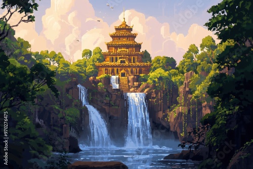 Mystical 16-Bit Pixel Temple Surrounded by Jungle Waterfalls under a Clear Sky ideal for Text Overlays