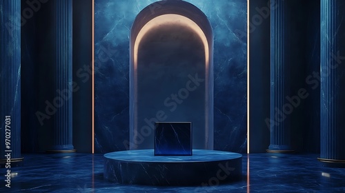 A dark blue marble room with two pillars on either side of a round platform and an archway behind it.  The floor is highly reflective.
