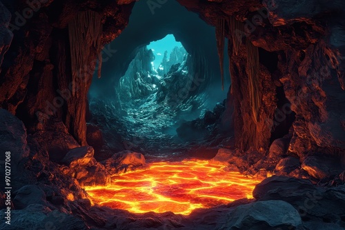 Glowing Pixelated Volcanic Lair with Lava Floor for Copy Space