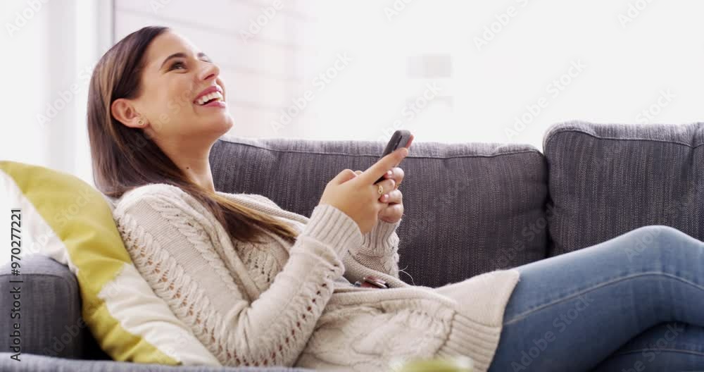 Woman, laughing and relax with cellphone on sofa, reading funny social network post and notification at home. Smartphone, search meme and download digital app, mobile multimedia and chat to contact Woman, laughing and relax with cellphone on sofa, reading funny social network post and notification at home. Smartphone, search meme and download digital app, mobile multimedia and chat to contact