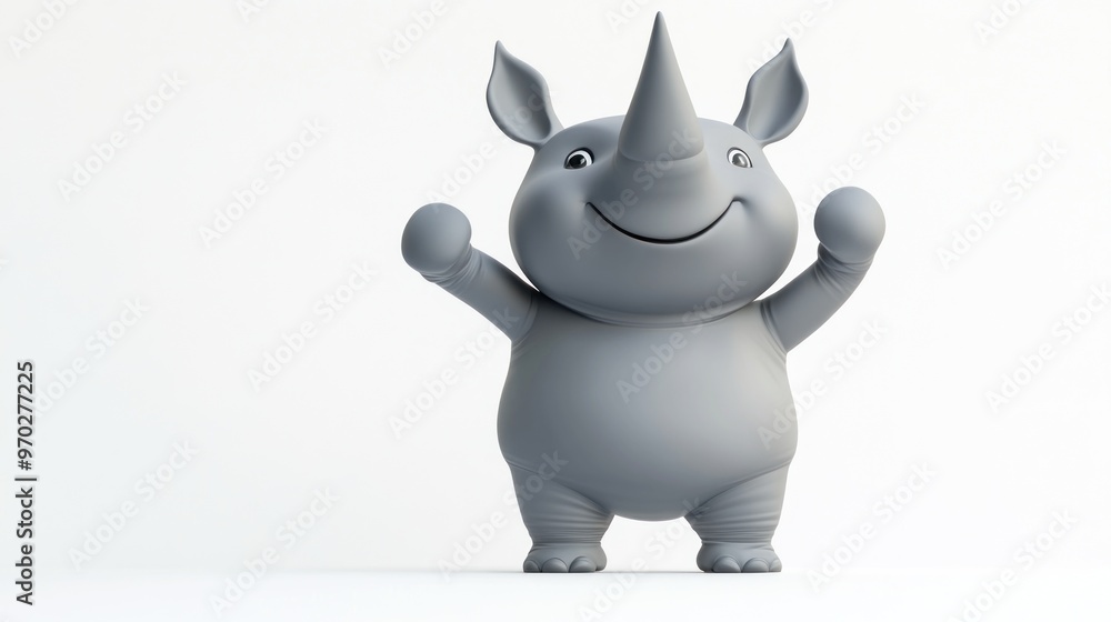 A cheerful cartoon rhinoceros character with a friendly expression and raised arms. A cheerful cartoon rhinoceros character with a friendly expression and raised arms.