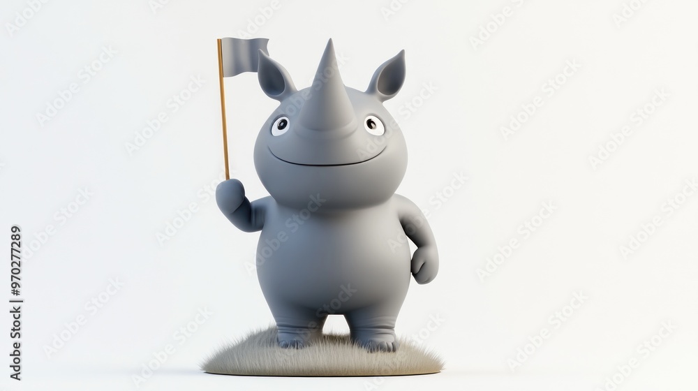 A cheerful cartoon rhinoceros holding a flag, standing on a patch of grass. A cheerful cartoon rhinoceros holding a flag, standing on a patch of grass.