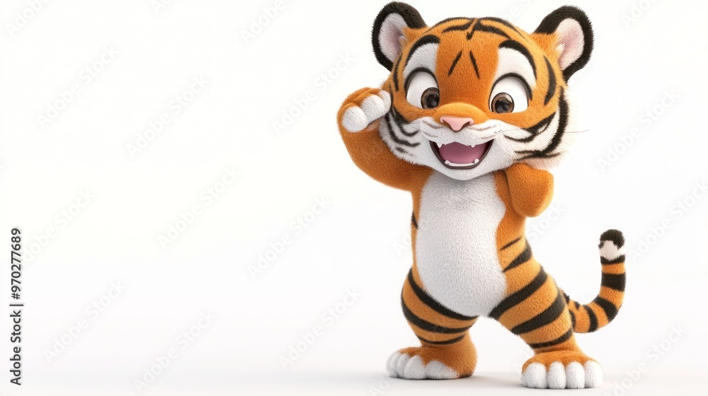 A cheerful cartoon tiger character posing playfully with a bright expression. A cheerful cartoon tiger character posing playfully with a bright expression.