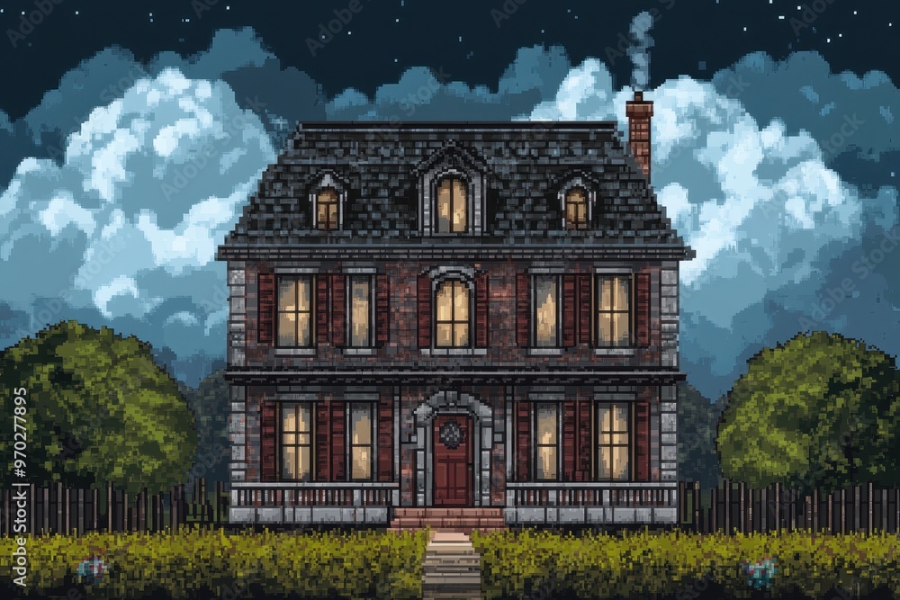 Obraz premium Retro 8-Bit Mansion Haunted by Pixel Ghosts - Vintage Video Game Style Illustration with Copy Space
