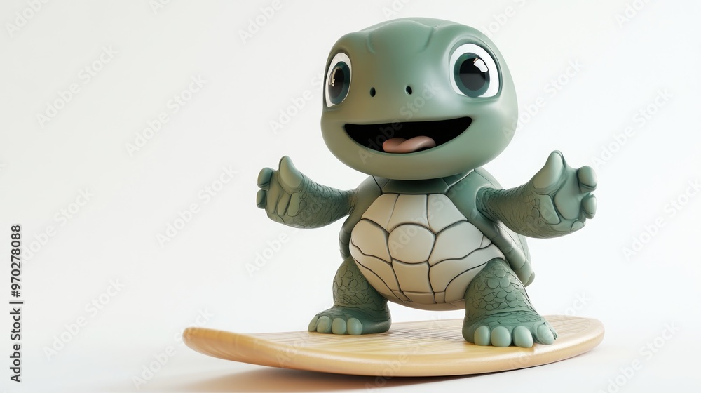 A cheerful cartoon turtle character on a surfboard, showcasing fun and playfulness. A cheerful cartoon turtle character on a surfboard, showcasing fun and playfulness.