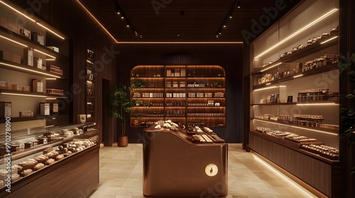 A chocolate shop interior with warm lighting, shelves lined with chocolate bars and truffles, and a chocolate-making station in the center