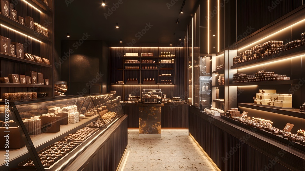 A chocolate shop interior with warm lighting, shelves lined with chocolate bars and truffles, and a chocolate-making station in the center A chocolate shop interior with warm lighting, shelves lined with chocolate bars and truffles, and a chocolate-making station in the center