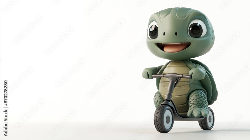 A cheerful cartoon turtle riding a small scooter, conveying fun and playfulness. A cheerful cartoon turtle riding a small scooter, conveying fun and playfulness.