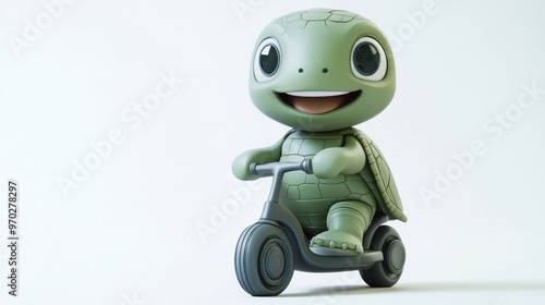 A cheerful cartoon turtle riding a scooter, showcasing fun and playfulness.