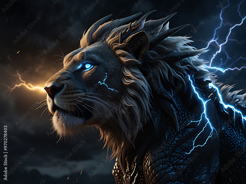Naklejka premium A majestic lion-dragon hybrid roars in a stormy sky background.