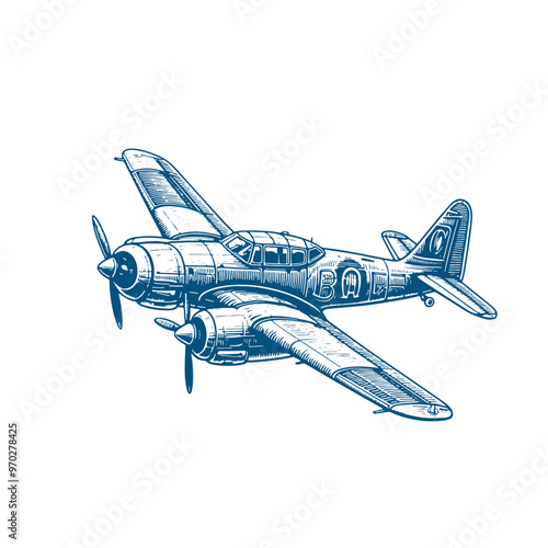 WWI Fighter Jet Sketch, Hand-Drawn Vintage Vector Artwork
